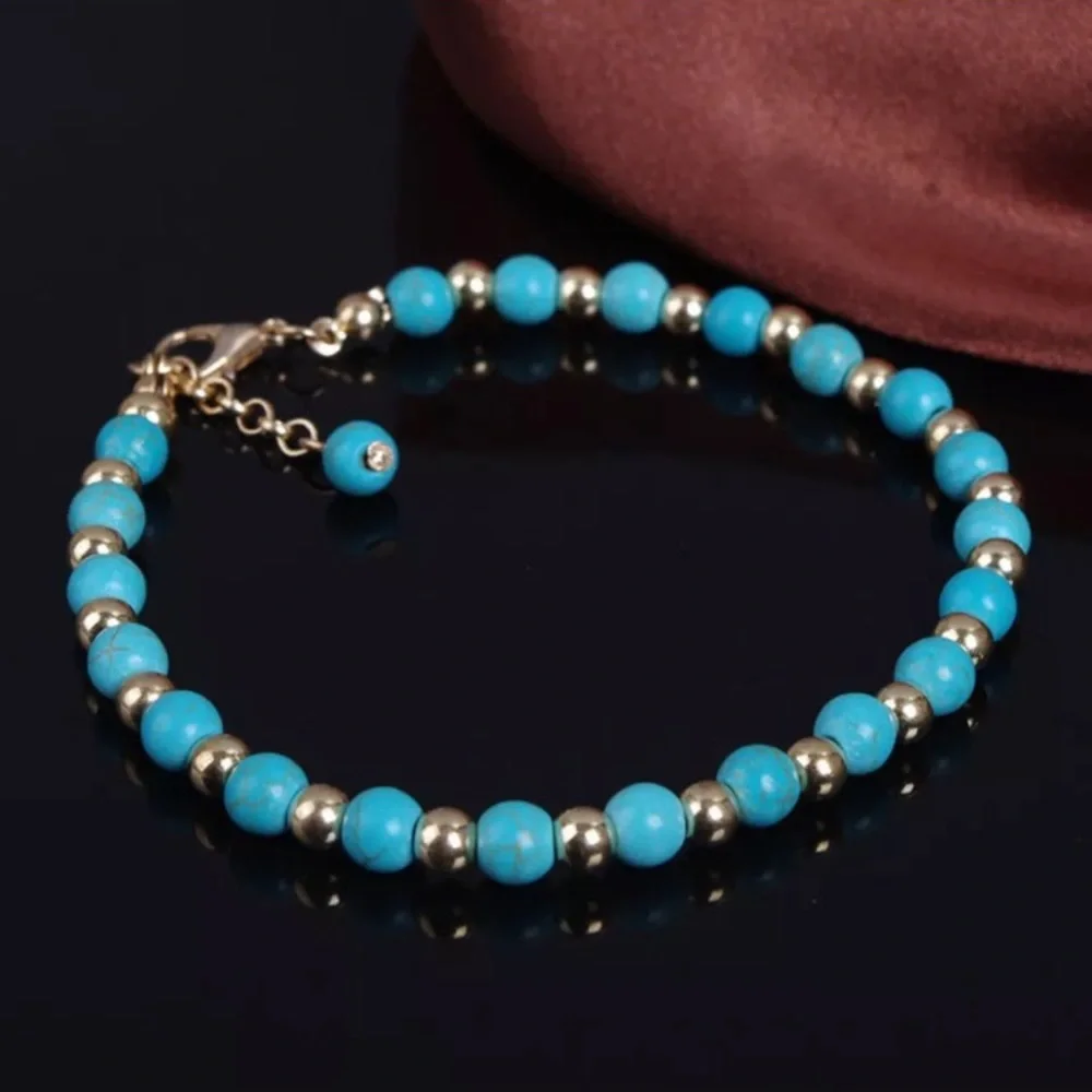 Boho Bohemian Gold Toned Turquoise Beaded Anklet - Picture 11 of 13